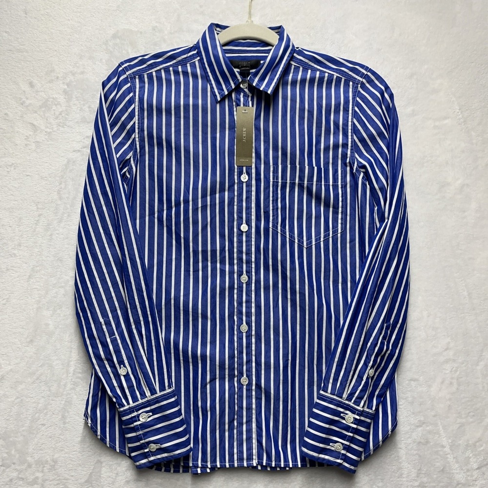 J Crew Button Up Shirt Womens 2 Striped Blue Long Sleeves Lightweight Career NWT